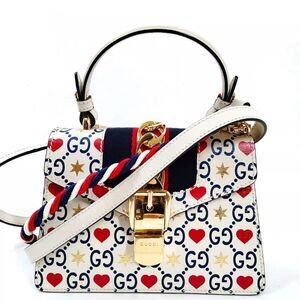 Auth Gucci White Leather Top Handle Ltd Edition Sylvie Heart GG Monogram Handbag